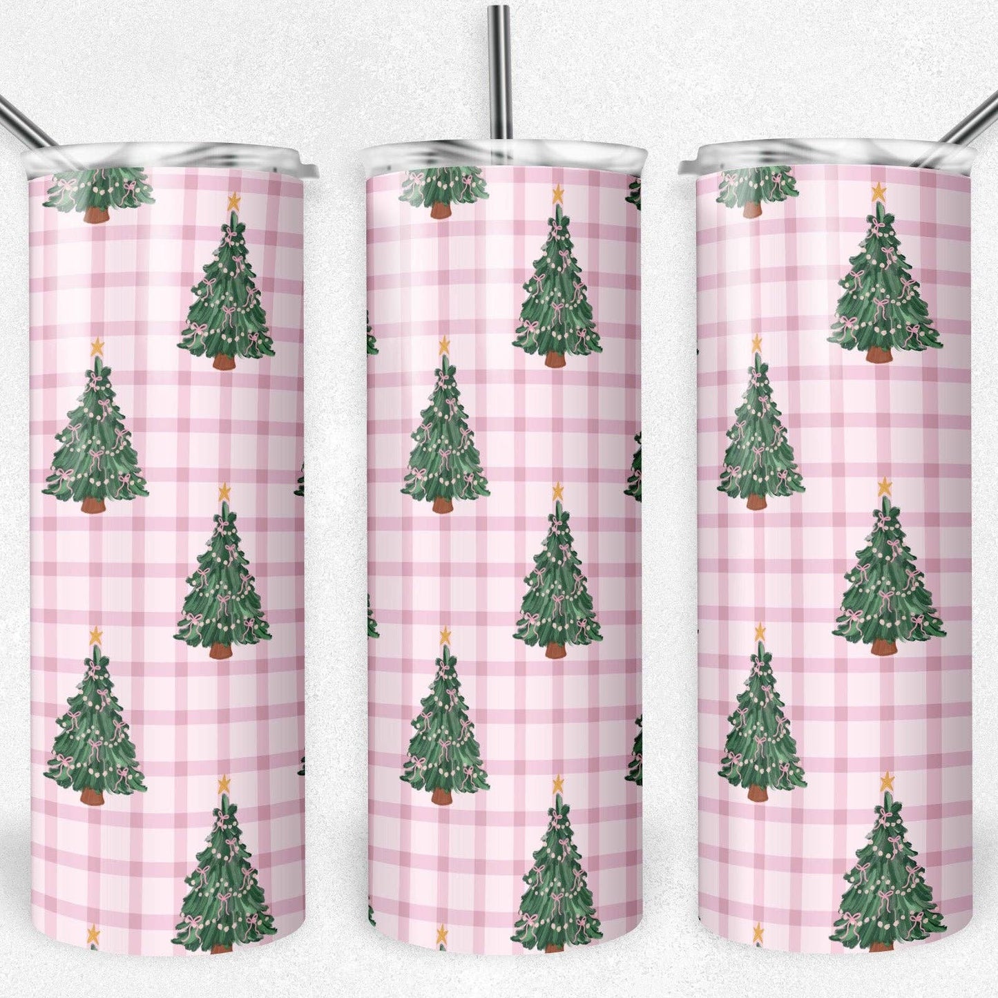 20 oz Skinny Tumbler, Pink Gingham Christmas Tree Pattern