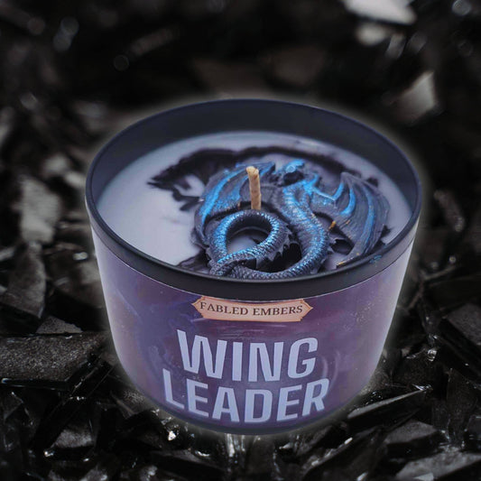 8 ounce WING LEADER Candle in BLACK TIN Book Lovers dragon