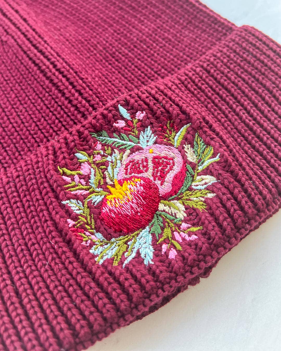 Pomegranate Embroidered Rib Knit Beanie Hat