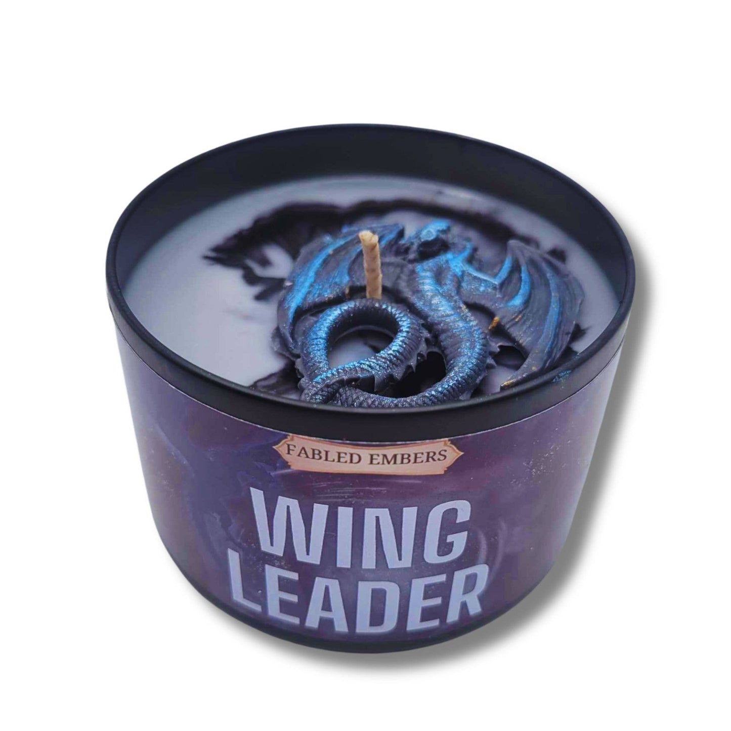 8 ounce WING LEADER Candle in BLACK TIN Book Lovers dragon