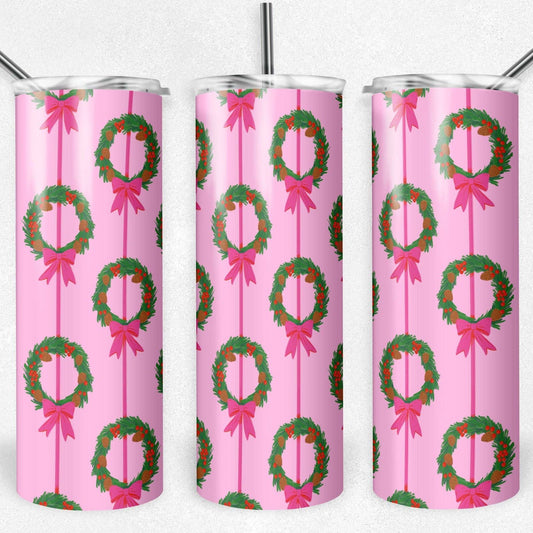 20 oz Skinny Tumbler, Pink Wreath Pattern