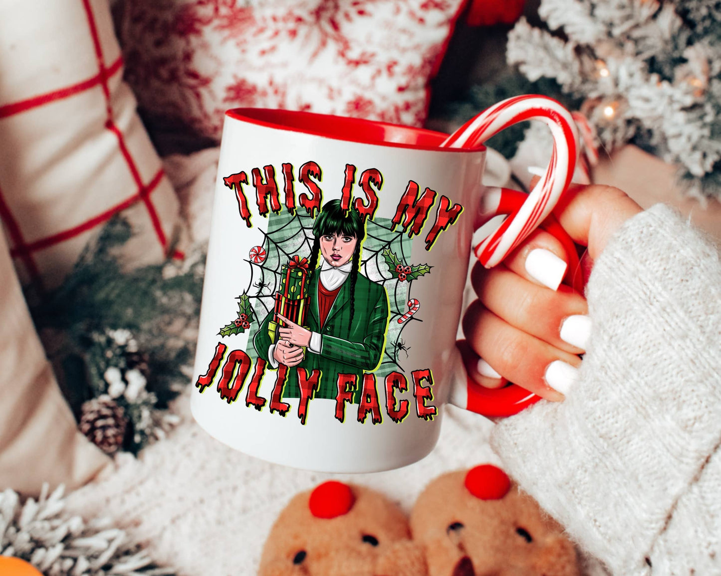 This is My Jolly Face Mug with Red Handle  15oz