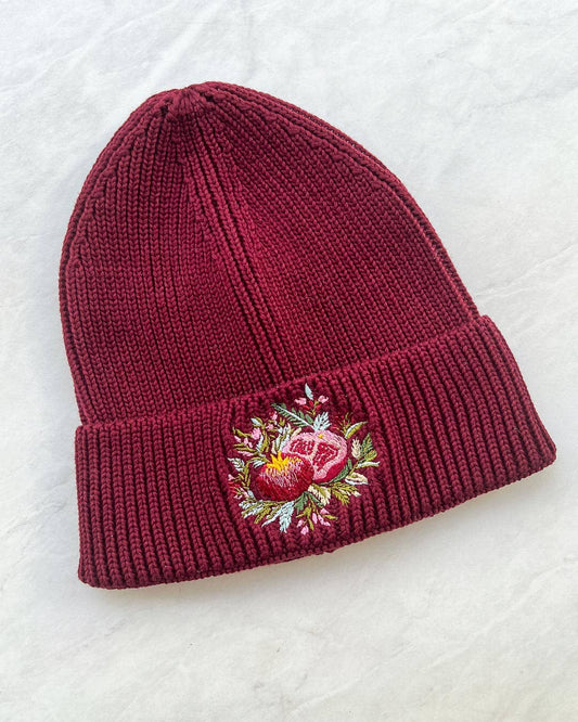 Pomegranate Embroidered Rib Knit Beanie Hat
